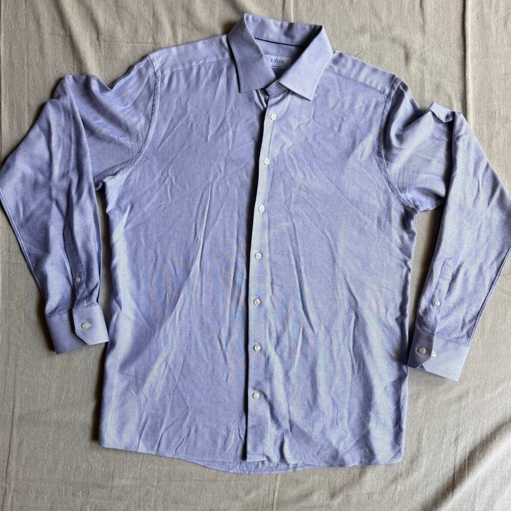 Eton Dress Shirt Men's 44 17 1/2 XL  Blue White Micro Houndstooth Twill Stretch